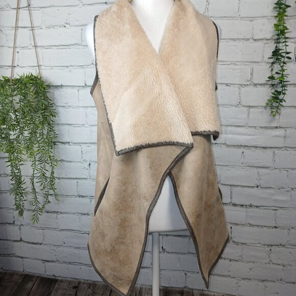 WOMENS JODIFL FAUX SUEDE SHERPA LINED VEST WATERFALL COLLAR, SIZE SMALL, Y2K - Picture 2 of 7